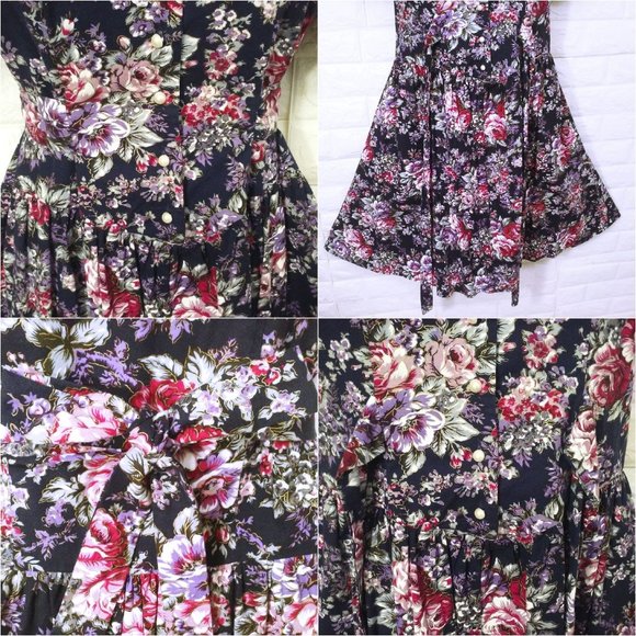 80's Brandywine Creek Dark Floral Prairie Dress Granny Lace Collar 9/10 Puffy SS - Picture 10 of 12